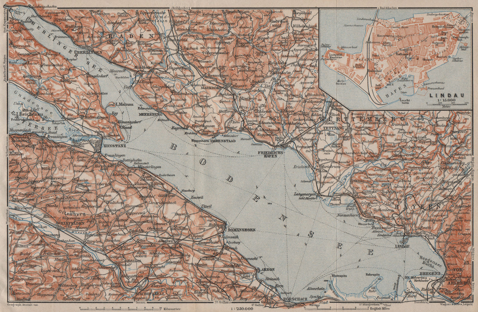 LAKE CONSTANCE inset LINDAU. Konstanz St Gallen Bregenz. Topo-map 1911 old